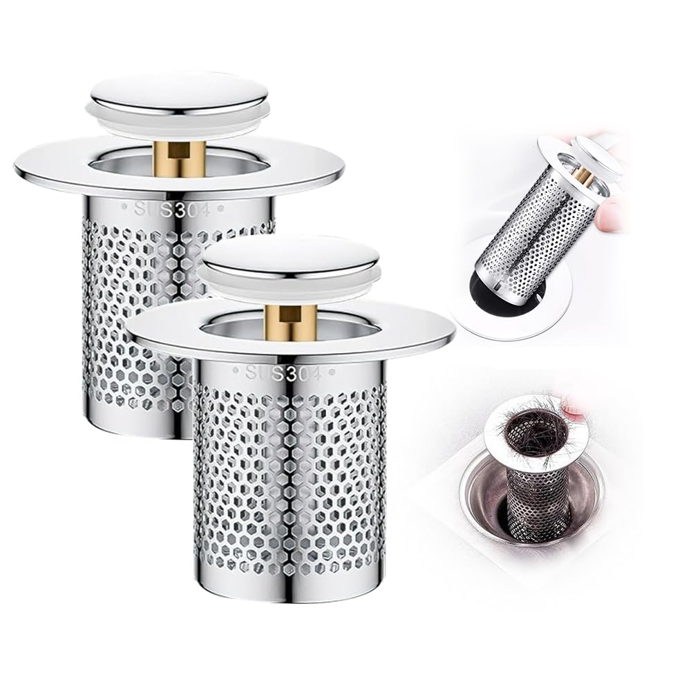 Bathroom Sink Stopper Hair Catcher, 2024 New Bathroom Sink Drain Strainer, Pop Up Drain Strainer with Removable Filter Basket Hair Catcher, Universal Strainer for Bathroom Kitchen (1.96*1.29in 2PCS)