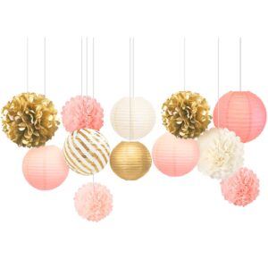 aobkiat birthday party decorations set for girls women,12pcs pink gold tissue paper pom poms lanterns flowers,for engagement,wedding,baby shower,bridal shower,princess party