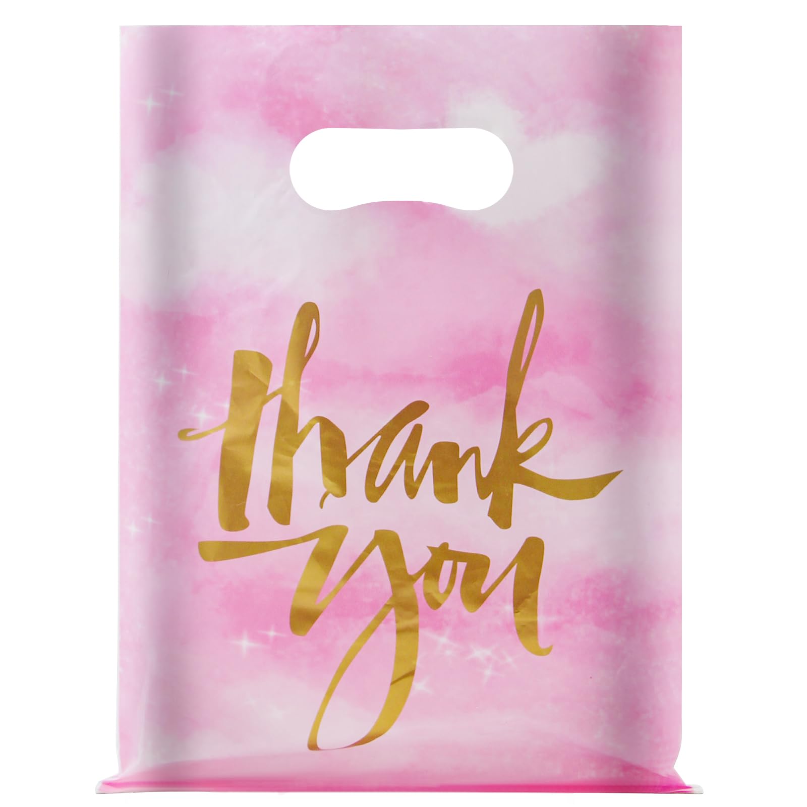 Chirpbirds Thank You Plastic Gift Bags for Business Small, 9" X 12" Pink Shopping Bags with Handles, Reusable Merchandise Retail Goodie Bags for Stores Clothes Party Favor, 50 Pack