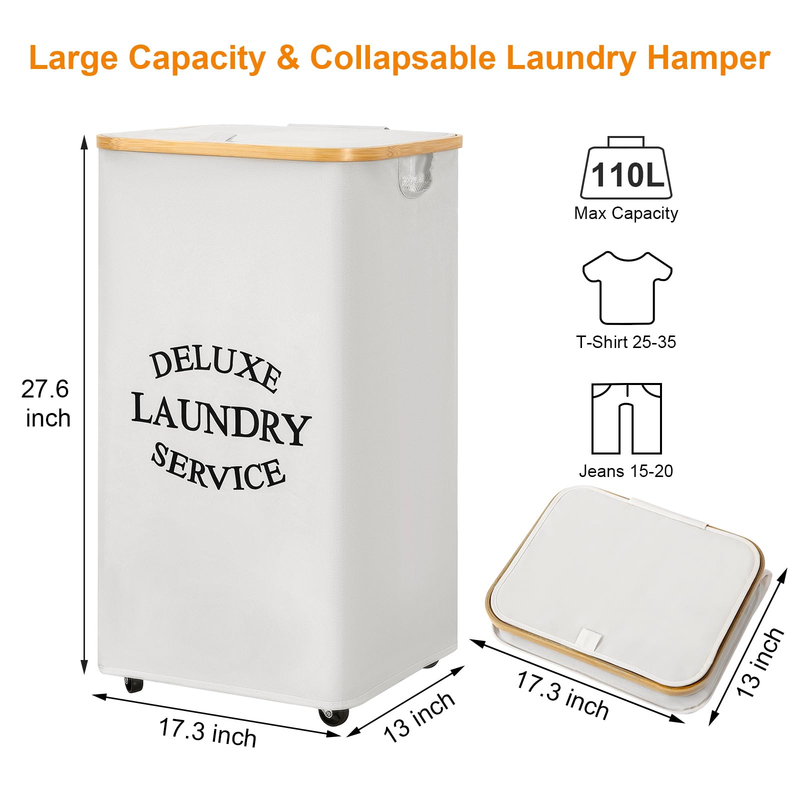 WOWLIVE 100L Laundry Hamper with Wheels,Large Laundry Basket with Lid and Bamboo Handles,Collapsible Clothes Hampers for Laundry with Removable Laundry Bag for Bedroom,Bathroom,Dorm,Beige