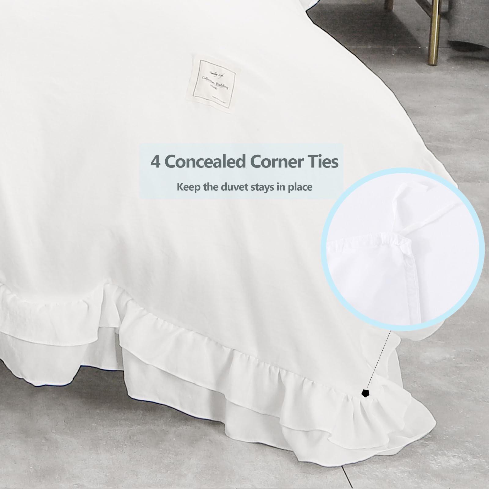 3 Pcs Duvet Cover King Size - 1 White Ruffle Duvet Comforter Cover with 2 Shabby Pillow Cases Ultra Soft Decorative Farmhouse Zipper Closure Breathable Quilt Cover Set Washed Cotton Bedding Bag Set