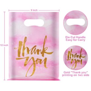 Chirpbirds Thank You Plastic Gift Bags for Business Small, 9" X 12" Pink Shopping Bags with Handles, Reusable Merchandise Retail Goodie Bags for Stores Clothes Party Favor, 50 Pack