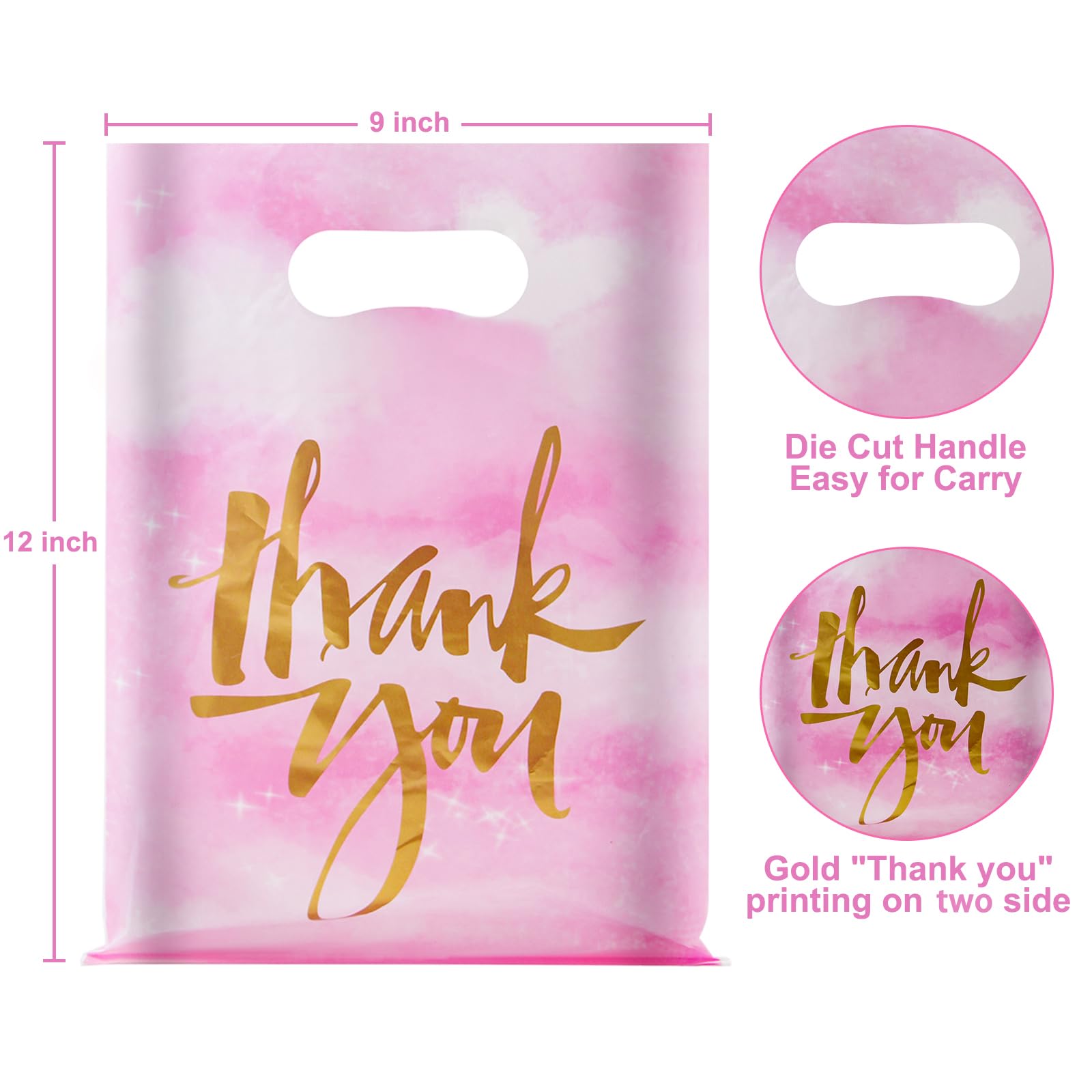 Chirpbirds Thank You Plastic Gift Bags for Business Small, 9" X 12" Pink Shopping Bags with Handles, Reusable Merchandise Retail Goodie Bags for Stores Clothes Party Favor, 50 Pack