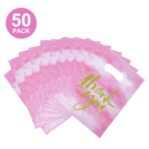 Chirpbirds Thank You Plastic Gift Bags for Business Small, 9" X 12" Pink Shopping Bags with Handles, Reusable Merchandise Retail Goodie Bags for Stores Clothes Party Favor, 50 Pack