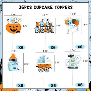 Jollyboom Halloween Baby Shower Party Decoration Boy, 36Pcs A Baby Is Brewing Baby Shower Decorations Cupcake Topper for A Little Boo Is Almost Due Halloween Welcome Baby Shower Gender Revel