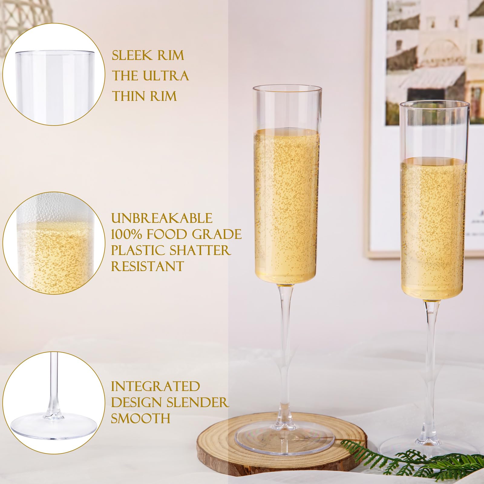 Nervure 24 Pack Plastic Champagne Flutes - 6 Oz Clear Disposable Champagne Flutes - Square Plastic Toasting Glasses for Party Birthday Anniversary Wedding