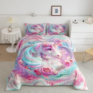 castle fairy unicorn twin size bedding sets 2 pcs kids cartoon unicorn comforter set for girls bedroom pink unicorn rose bed set bedspreads with 1 pillowcase,rainbow