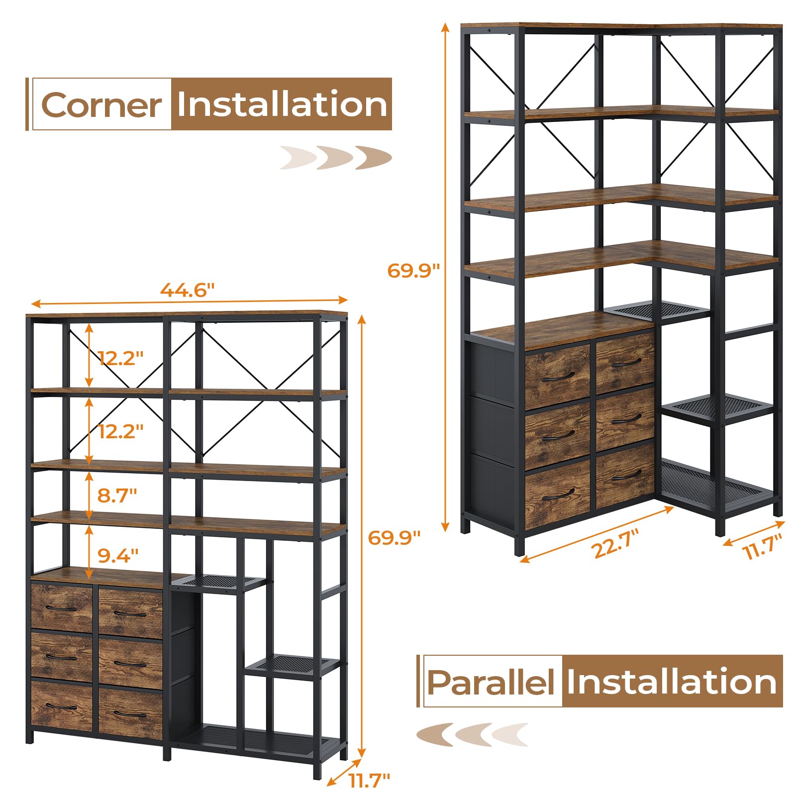 HAUOMS Corner Bookshelf, 7-Tier Industrial Convertible Book Shelf with 6 Fabric Drawers, Corner Bookcase Freestanding Display Shelf for Living Room, Kitchen, Home Office, Rustic Brown