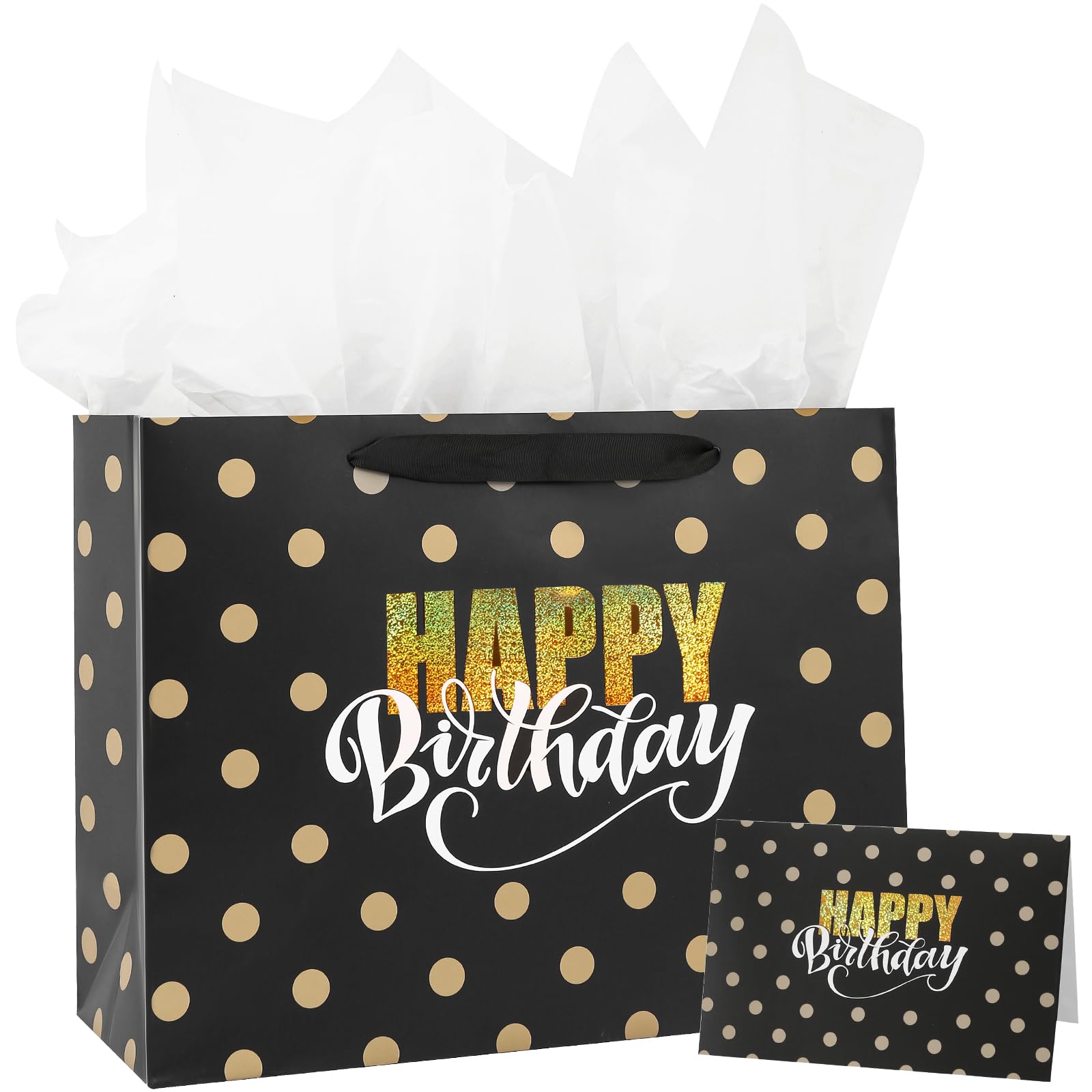 CAMKUZON Black Birthday Gift Bag with Card and Tissue Paper - Gold Foil Happy Birthday & Polka Dot Design - Large Gift Bags for Birthday Party, 13" X 10" X 5"