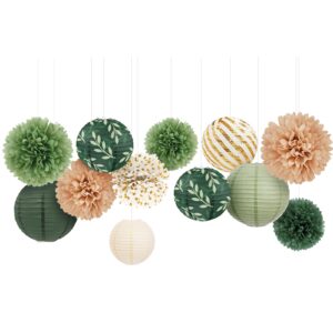 aobkiat wedding party decorations set,12pcs olive green sage paper pom poms lanterns with olive leaf,for engagement,baby shower,bridal shower,boho party