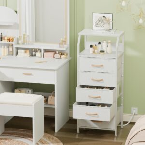 Furnulem 5 Drawers Dresser with Charging Station, Tall Night Stand with Open Shelf, Storage Tower with PVC & Fabric Drawer, Bedside Table for Bedroom, Closet, Entryway, 3 Ways to Use, White