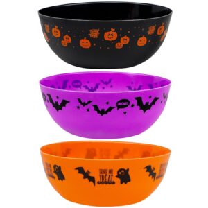 Zcaukya 3 Packs Halloween Candy Bowls, 9.6" Plastic Trick-Or-Treat Holders Pattered with Bat Ghost Jack-O-Lantern, Purple Black Orange Treats Serving Trays for Halloween Parties Supplies