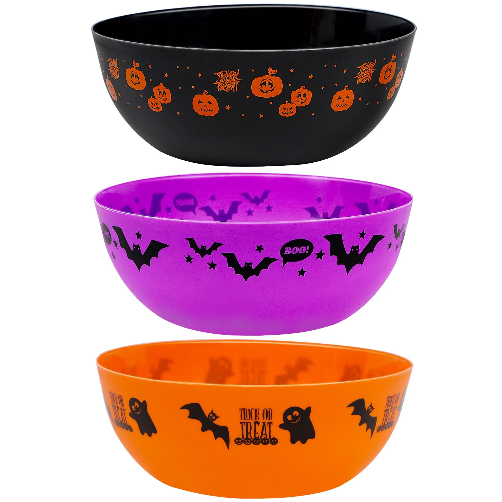 Zcaukya 3 Packs Halloween Candy Bowls, 9.6" Plastic Trick-Or-Treat Holders Pattered with Bat Ghost Jack-O-Lantern, Purple Black Orange Treats Serving Trays for Halloween Parties Supplies