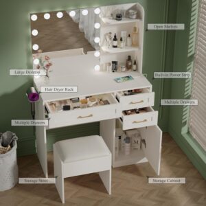 HUAHUU Vanity Desk with Lights, 37inch Makeup Vanity Desk with Mirror & Power Outlet, 3 Colors Lighting Adjustable Brightness, Makeup Vanity Set with Cushioned Chair and Cabinet, 3 Drawers, White