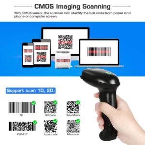 WoneNice Wireless 1D 2D Barcode Scanner with Stand, Automatic Handheld QR Code Scanner CMOS Image Bar Code Reader with USB Receiver for Computer POS Supermarket Library Supports Screen Scaning, Black