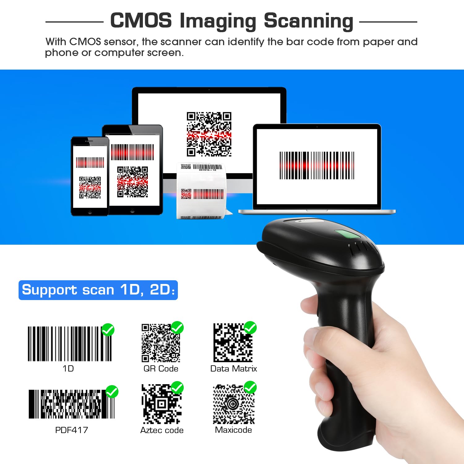 WoneNice Wireless 1D 2D Barcode Scanner with Stand, Automatic Handheld QR Code Scanner CMOS Image Bar Code Reader with USB Receiver for Computer POS Supermarket Library Supports Screen Scaning, Black