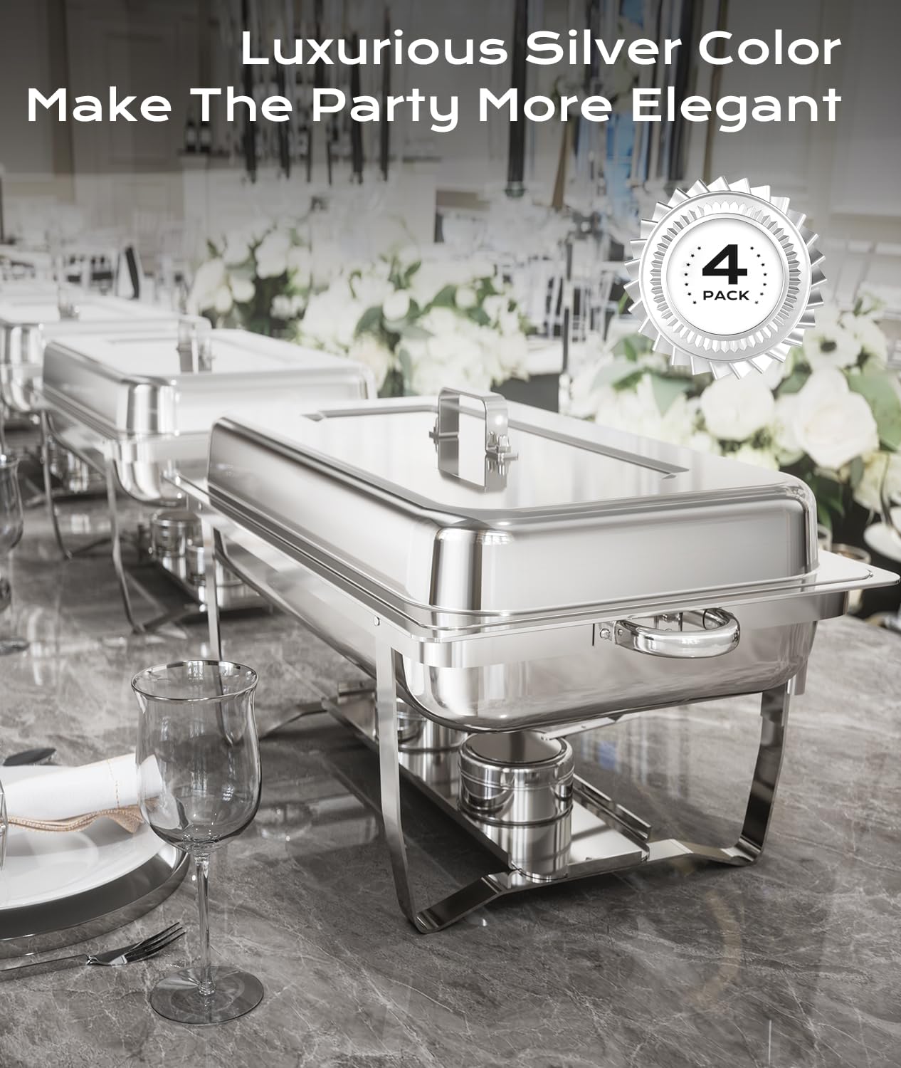 Chafing Dishes for Buffet 4 Pack, [Ultrasonic Mirror Polishing] Chafing Dish Buffet Set 9QT, [Rolled Edge Finger Protection] Buffet Servers and Warmers for Any Party, Wedding, Birthday and Hotel