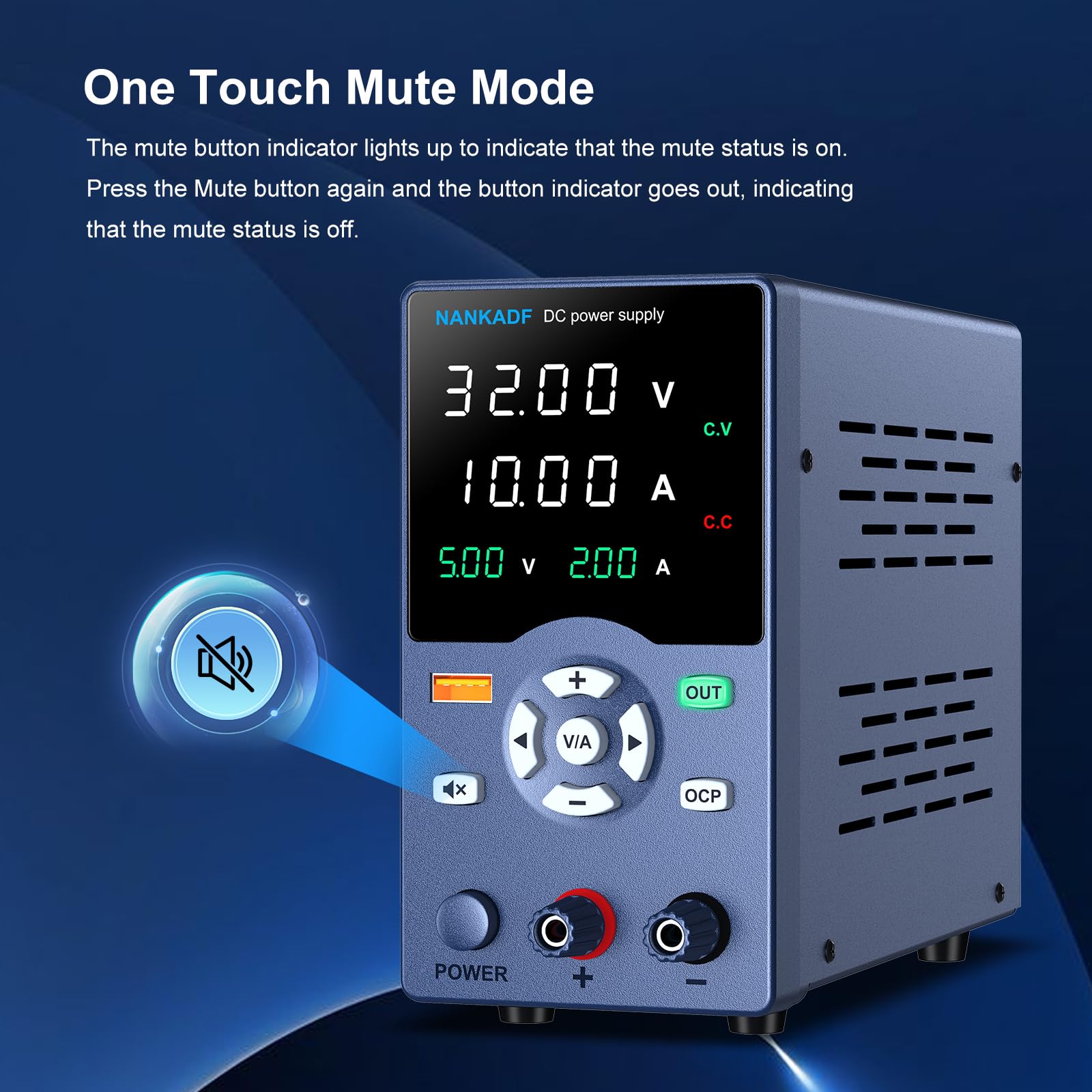 DC Power Supply, Variable Power Supply with Output Button, USB Fast Charging Port, Bench Power Supply with OCP Short Circuit Alarm, USB Output Current Display, Mute Mode (30V 10A)