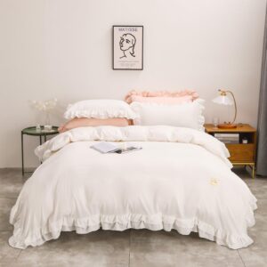 3 pcs duvet cover king size - 1 white ruffle duvet comforter cover with 2 shabby pillow cases ultra soft decorative farmhouse zipper closure breathable quilt cover set washed cotton bedding bag set