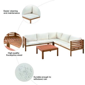 Patio Furniture 4 Pieces Conversation Sets, Acacia Wood Outdoor Sectional Furniture Conversation Sets with Cushions and Coffee Table for Garden Backyard Balcony and Porch (Beige)