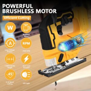 Jig Saw for Dewalt 18V/20V Max Battery, Cordless Jigsaw Tool Brushless Motor, Up To 2900 RPM, 45 Degree Beveled Cuts, LED Light for 4 Curve Cuttings, Plastic Box Include for Easy Carry (No Battery)