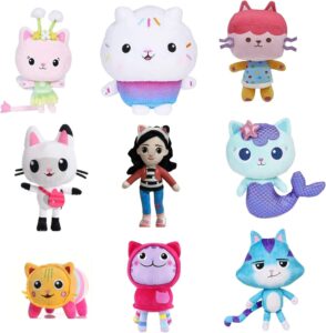 cute plush toys collection, 9-pack all characters included with catrat baby box mercat kitty fairy cakey pandy paws dj catnip pillow cat gb girl (9-pack)