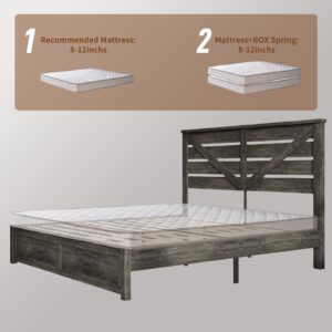 LUXOAK King Size Farmhouse Wooden Bed Frame, Platform Bed Frame with 49.2" Headboard/No Box Spring Needed/Noisy Free/Easy Assembly/Grey