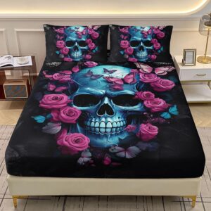 ailonen 3d skull fitted sheet set twin xl size, oil ren rose with skeleton design bed sheet set for boys girls teens,gothic skull with butterfly bedding set,1 fitted sheet and 2 pillow case,3 pieces