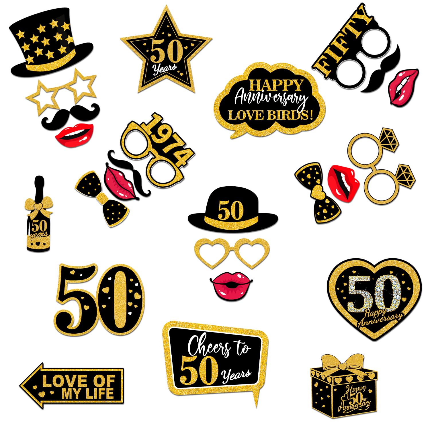 50th Wedding Anniversary Photo Booth Props, Fully Assembled Happy Wedding Anniversary Decorations, Black and Gold Funny Prom Photo Props