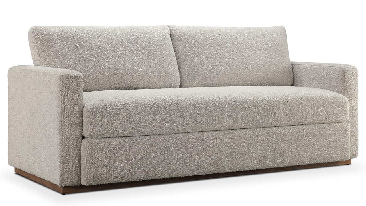 CHERS 76.8" Upholstered Bench Seat Sofa, Wood Base Lounge Sofa with Track Arms, Cushion Back Fabric Loveseat, 2-Seater Boucle Couches for Small Living Room, Bedroom, Office, Off-White