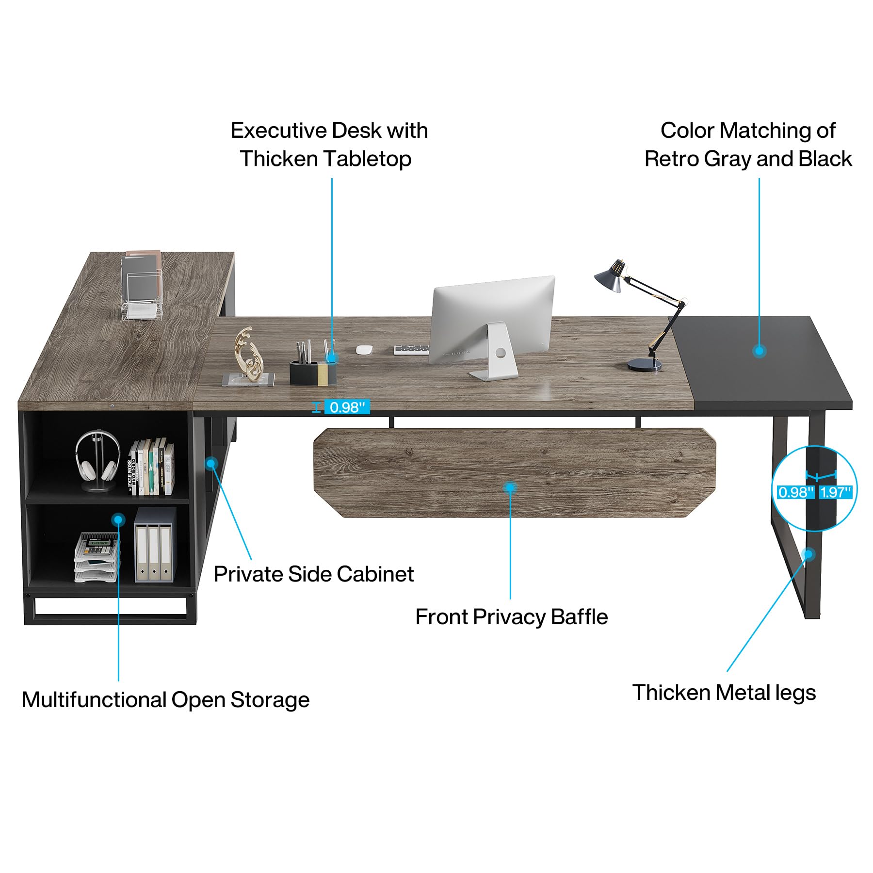 Tribesigns 70.8" Executive Desk with 55" File Cabinet, Industrial L Shaped Computer Desk with Storage Shelves and Cabinet, Large L Shaped Executive Desk for Home Office, Retro Gray & Black