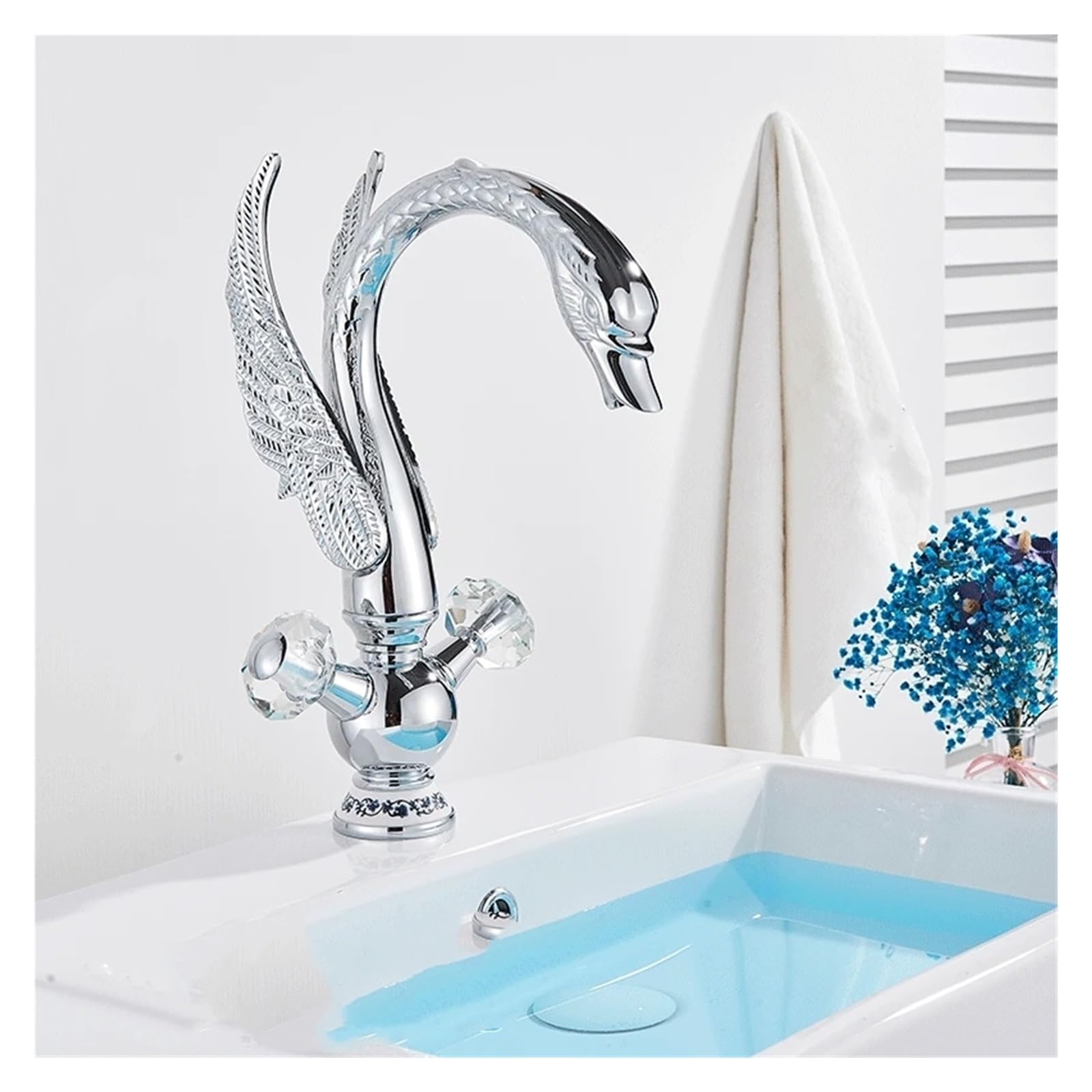 YAYAZUJI Gold Luxury Swan Basin Faucet Deck Mounted Bathroom Faucet Hot and Cold Crane Mixer Tap Bath Water Faucet Basin Sink Taps,Basin Faucet, Silver, ZS-998