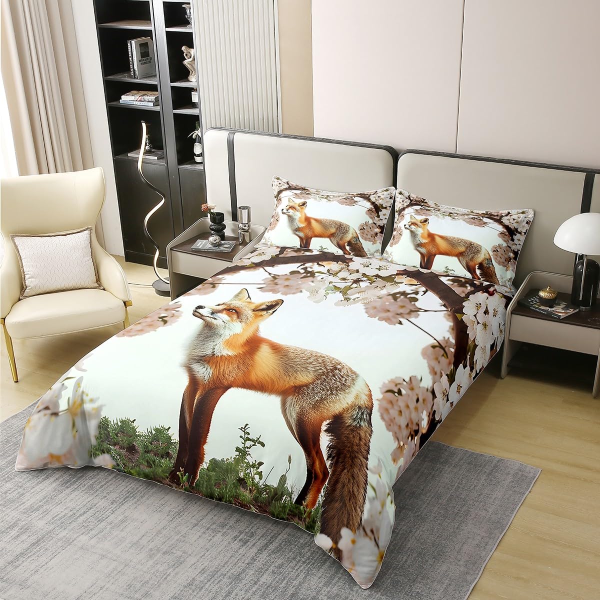 Feelyou Fox Duvet Cover 100% Cotton Boys Girls Twin Size Cute Cartoon Fox Bedding SetWoodland Fox Comforter Cover Set Wild Animal Bedspread Cover Room Decor Cherry Blossoms Bedclothes Zipper