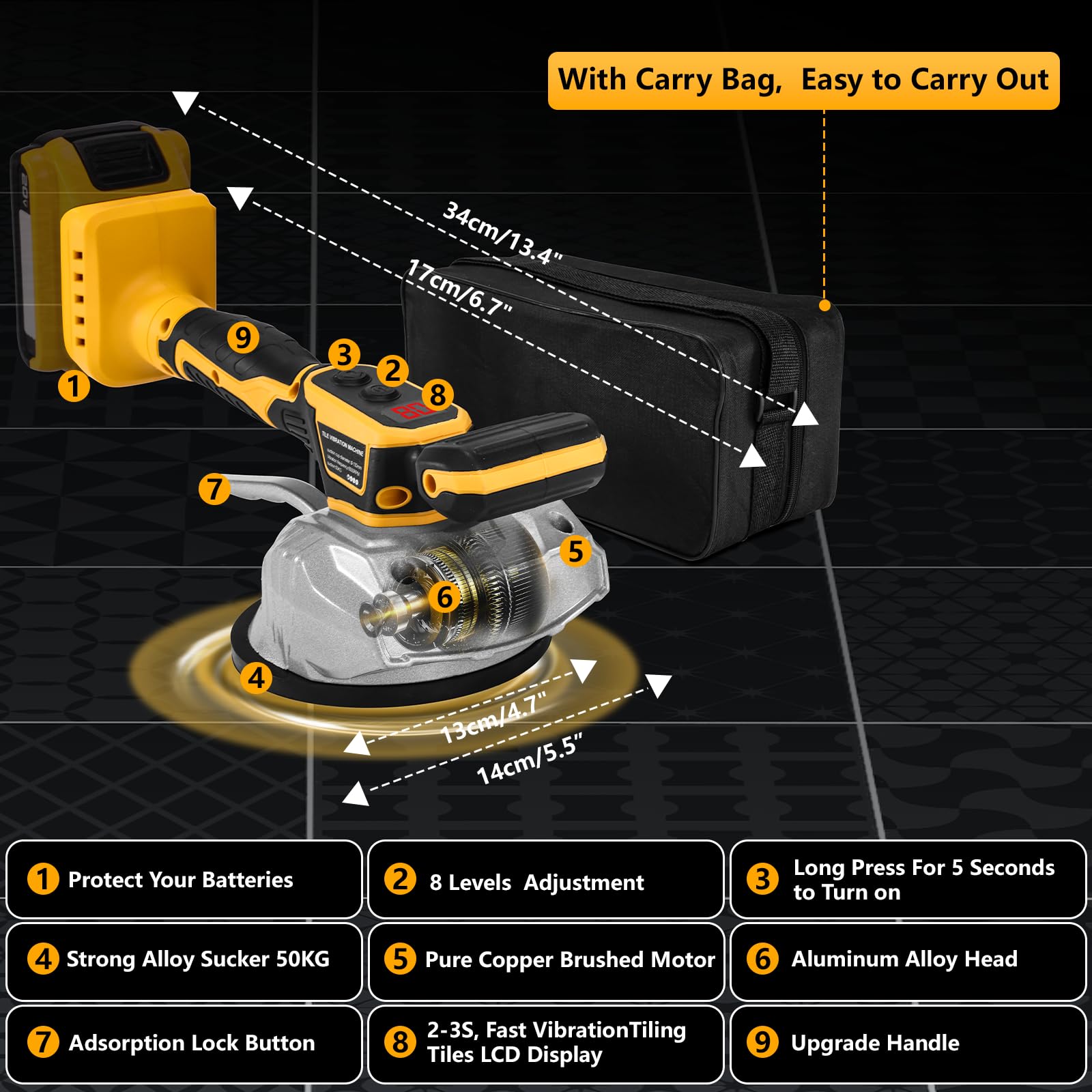 Cordless Tile Vibration Leveling Machine, for De-walt 20V Max Battery, Labfintom Tiler Vibrator Tool with 8 Adjustable Speed, Suction Cup, Package Bag Include for Floor, Tile, Wall (Tools Only)