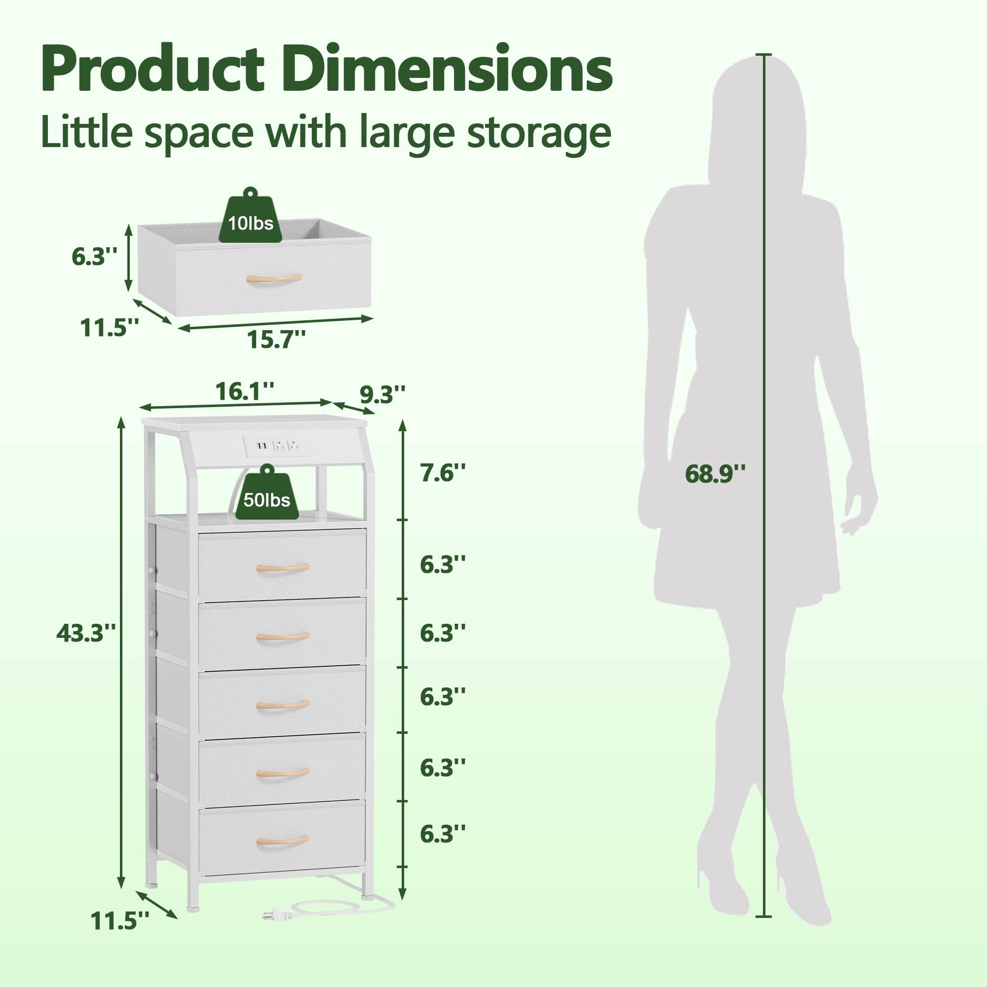 Furnulem 5 Drawers Dresser with Charging Station, Tall Night Stand with Open Shelf, Storage Tower with PVC & Fabric Drawer, Bedside Table for Bedroom, Closet, Entryway, 3 Ways to Use, White