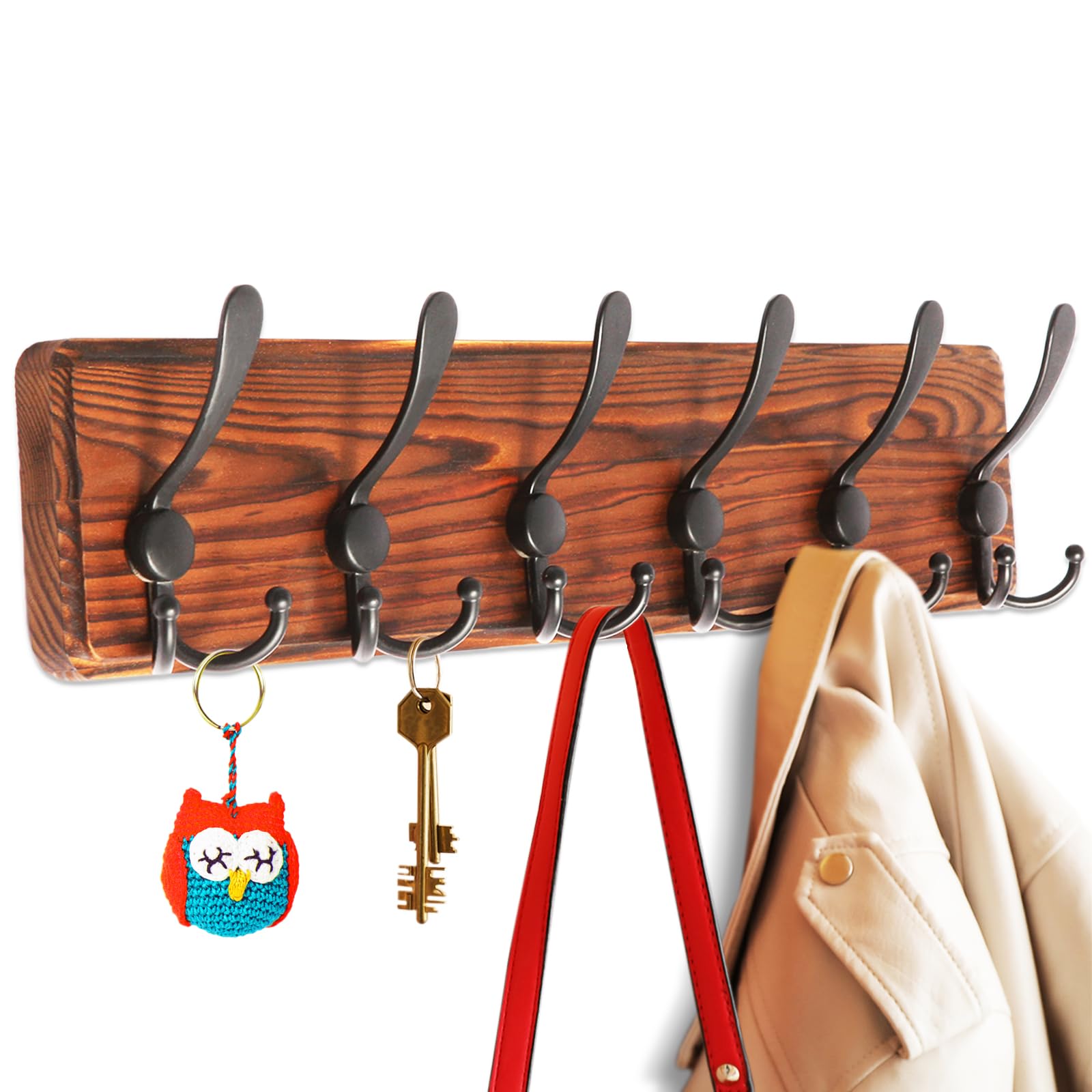 DecorDudz Coat Rack Wall Mount, 20.8''Wooden Coat Hanger Coat Hooks Wall Mount- 6 Tri Hooks, Coat Rack for Entryway, Living Room, Bathroom, Bedroom, Kitchen, Hat Organizer (Burnt Brown)