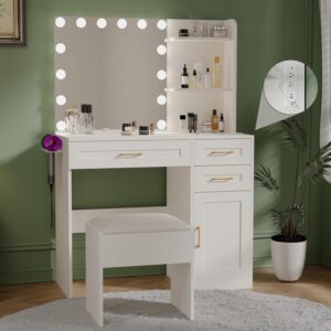 huahuu vanity desk with lights, 37inch makeup vanity desk with mirror & power outlet, 3 colors lighting adjustable brightness, makeup vanity set with cushioned chair and cabinet, 3 drawers, white