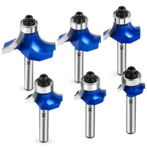 nicavkit 6pcs roundover router bit 1/4 shank,radius in 1/8" 3/16" 1/4" 5/16" 3/8" 1/2",carbide tip 2 flutes corner rounding over edge forming router bit with bearing guide cnc woodworking tool