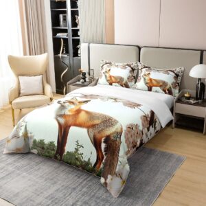 Feelyou Fox Duvet Cover 100% Cotton Boys Girls Twin Size Cute Cartoon Fox Bedding SetWoodland Fox Comforter Cover Set Wild Animal Bedspread Cover Room Decor Cherry Blossoms Bedclothes Zipper