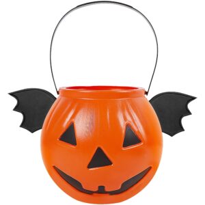 zcaukya halloween pumpkin candy bucket, 8.3" jack-o-lantern round pail with bat wings, plastic orange goodies holders for kids trick-or-treat halloween party supply