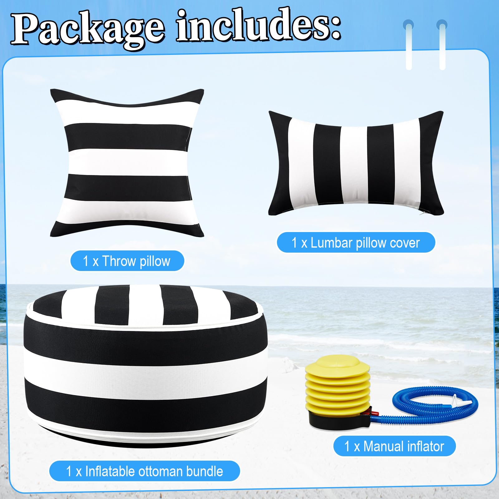 Anglechic 3 Pcs Indoor Outdoor Inflatable Ottoman Lumbar Toss Pillows Inflatable Footrest Footstool 21''x 9'' Waterproof Pouf Portable for Patio Garden Camping or Home