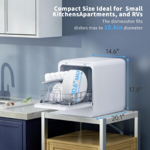 AIRMSEN Portable Countertop Dishwasher with 5L Water Tank, Mini Dishwasher with 14.6” Ultra-Narrow Design, 9 Programs, 24H Delay Start & 360° Dual Spray, No Hookup Needed, C01, White