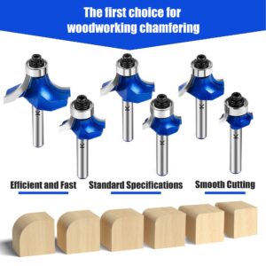 NICAVKIT 6Pcs Roundover Router Bit 1/4 Shank,Radius in 1/8" 3/16" 1/4" 5/16" 3/8" 1/2",Carbide Tip 2 Flutes Corner Rounding Over Edge Forming Router Bit with Bearing Guide CNC Woodworking Tool