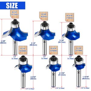 NICAVKIT 6Pcs Roundover Router Bit 1/4 Shank,Radius in 1/8" 3/16" 1/4" 5/16" 3/8" 1/2",Carbide Tip 2 Flutes Corner Rounding Over Edge Forming Router Bit with Bearing Guide CNC Woodworking Tool