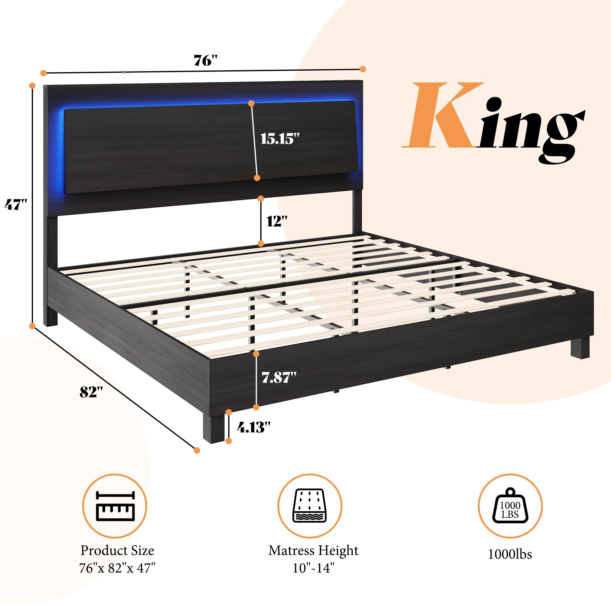 AMERLIFE Wood King Bed Frame with 47" Headboard, Rustic Platform Bed with LED Lights, Mattress Foundation with Wooden Slats Support, No Box Spring Needed/Noise Free, Black