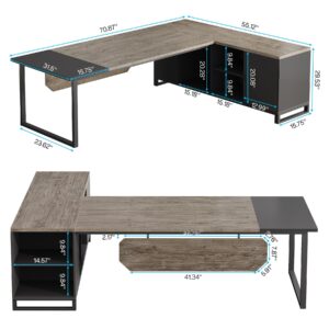 Tribesigns 70.8" Executive Desk with 55" File Cabinet, Industrial L Shaped Computer Desk with Storage Shelves and Cabinet, Large L Shaped Executive Desk for Home Office, Retro Gray & Black