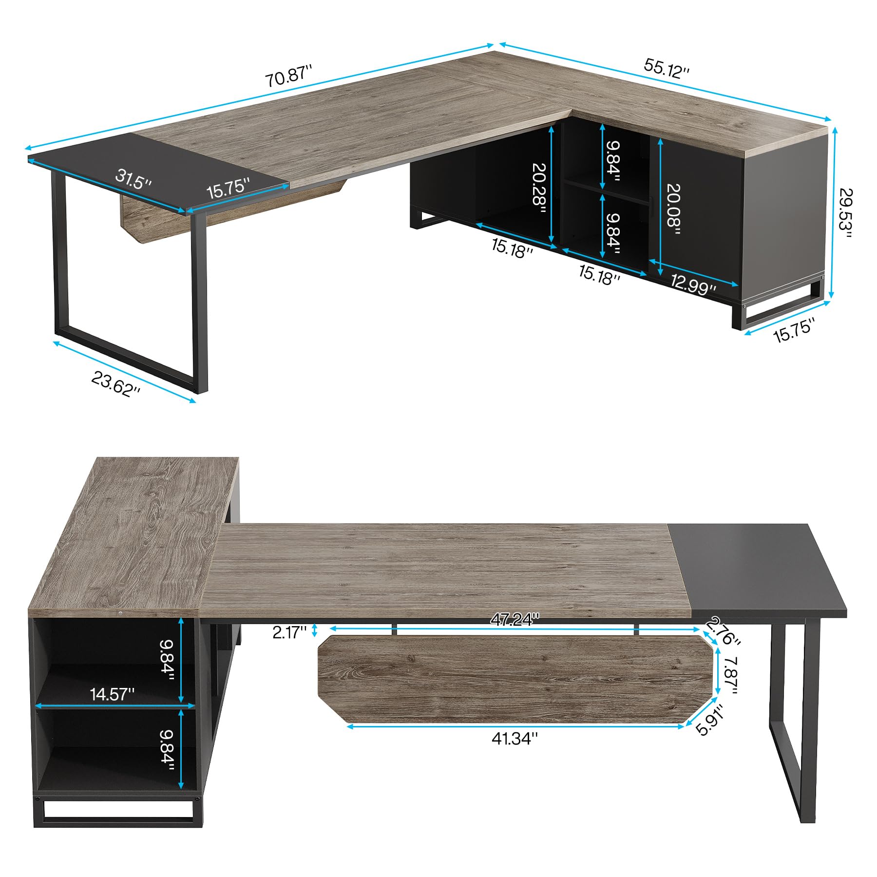 Tribesigns 70.8" Executive Desk with 55" File Cabinet, Industrial L Shaped Computer Desk with Storage Shelves and Cabinet, Large L Shaped Executive Desk for Home Office, Retro Gray & Black