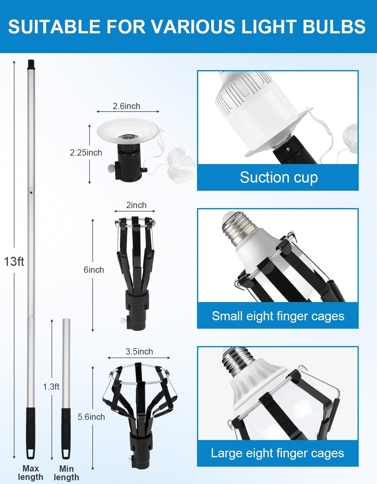 hveryppy Light Bulb Changer for high Ceilings, Light Bulb Changer with Baskets and Suction Cup, 13FT Assembled Light Bulb Extension Pole Changer,high Reach Light Bulb Changer for Household