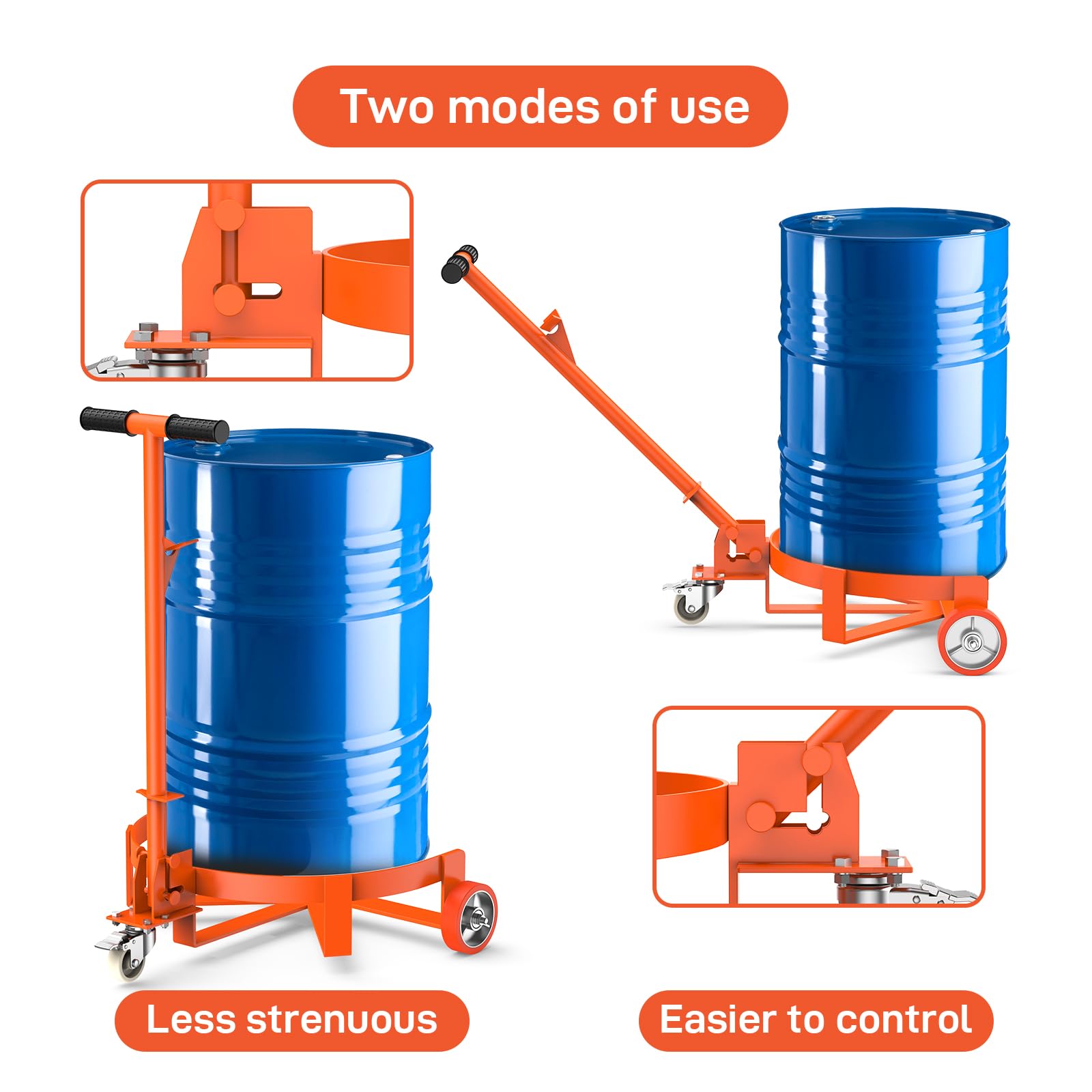 DEXSO Heavy Duty Drum Dolly,55 Gallon Barrel Dolly with 3 Poly-on-Steel Wheels with Brake, 1000 LBS Capacity Trash Can Dolly with Handle, Orange Steel Frame Dolly