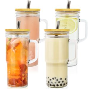 chljar 4pcs glass cups with lids and straws, 24oz mason jar iced coffee cup drinking jars glasses tumbler with handle bamboo lids wide mouth travel mug for bubble tea, iced coffee, smoothie, beer